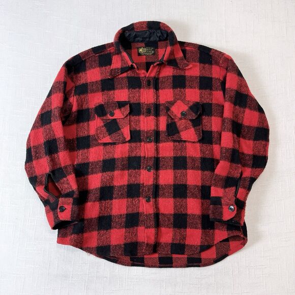 60s KMart CPO Plaid Flannel Button Up Shirt L Vtg Red Black Buffalo Wool Outdoor - Picture 1 of 11